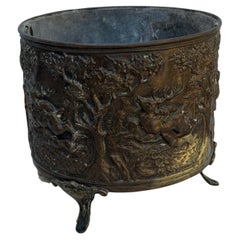 Brass Planter with Stag Hunt Relief and Ornamental Feet