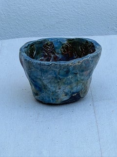 Signed NG Studio Pottery Bowl with Blue Glaze and Floral Interior