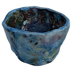 Signed NG Studio Pottery Bowl with Blue Glaze and Floral Interior