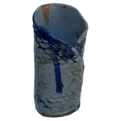 Signed NG Studio Pottery Vase with Cobalt Blue Glaze and Incised Pattern