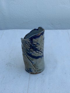 Signed NG Studio Pottery Vase with Cobalt Blue Glaze and Incised Pattern