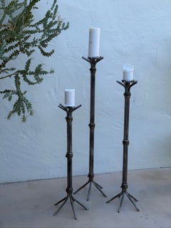 Set of Three Graduated Brutalist Style Iron Floor Pricket Candlesticks