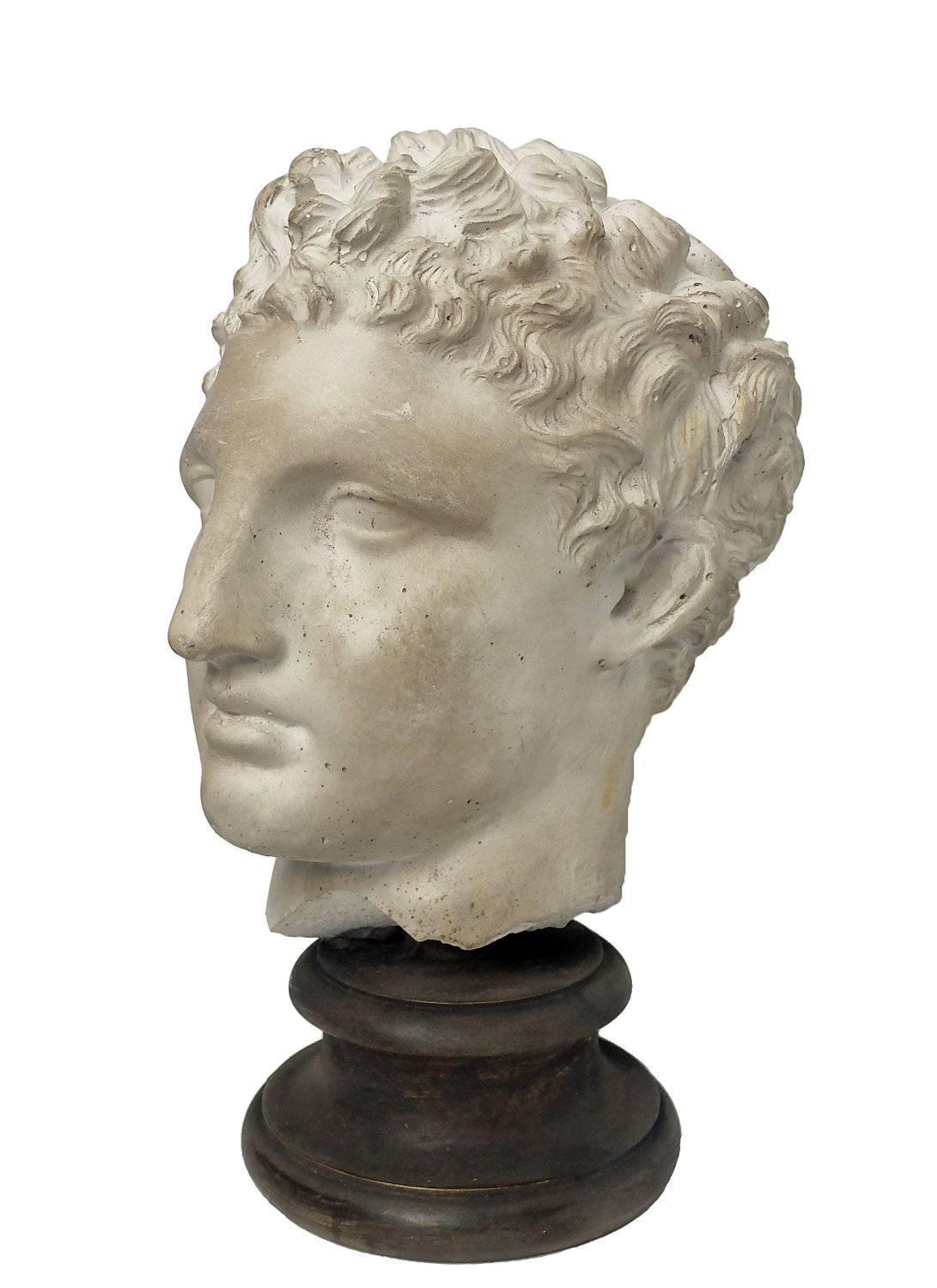 Over the wooden, black painted base is set the superb cast of  Hermes head. Cast for drawing teaching in Academy. Italy, 1890 ca.