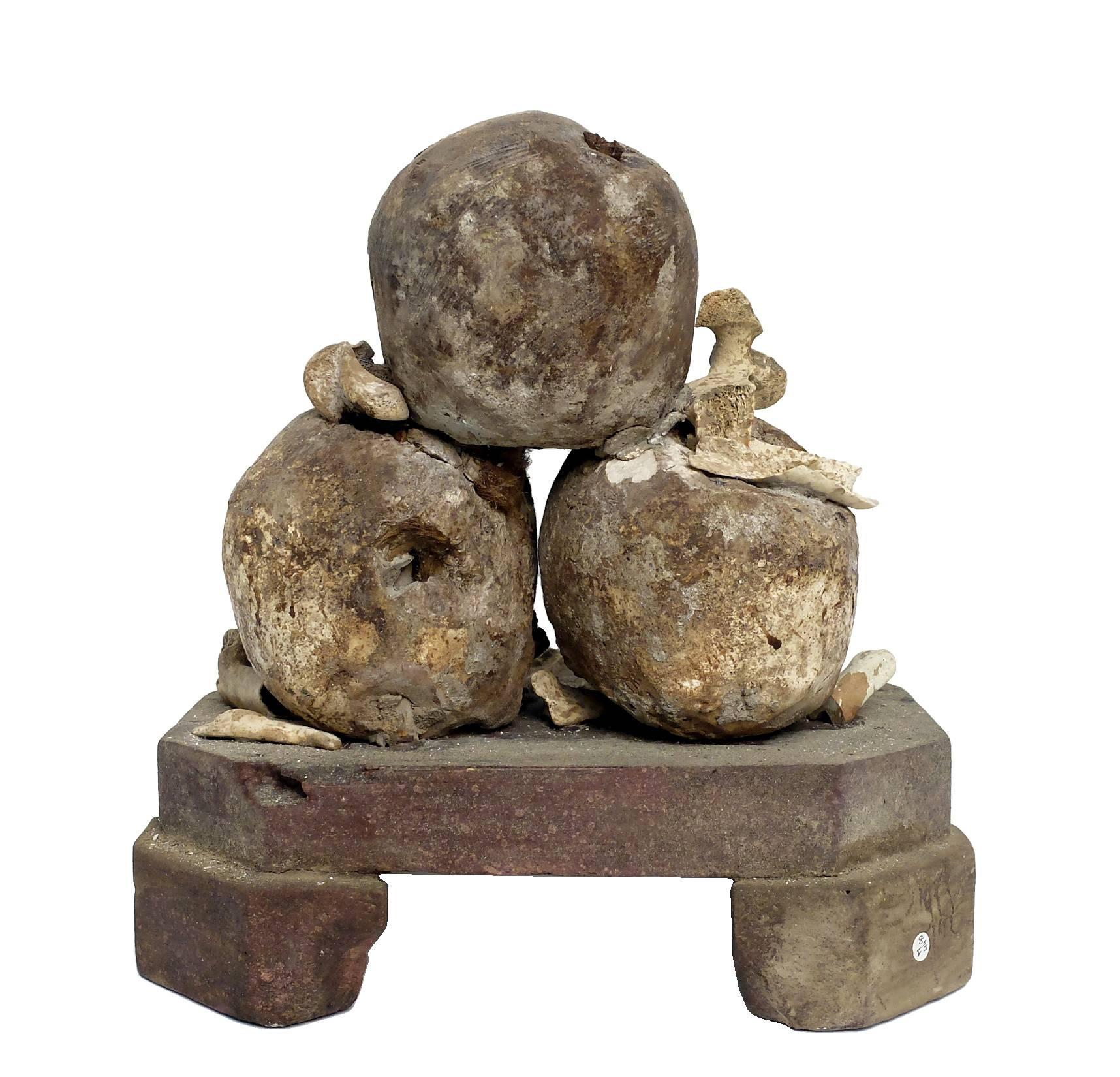 A sculpture made out of plaster and wood depicting three skulls with bones, made out of wood and chalk over a wooden base. Rare example of Memento Mori for Wunderkammer.