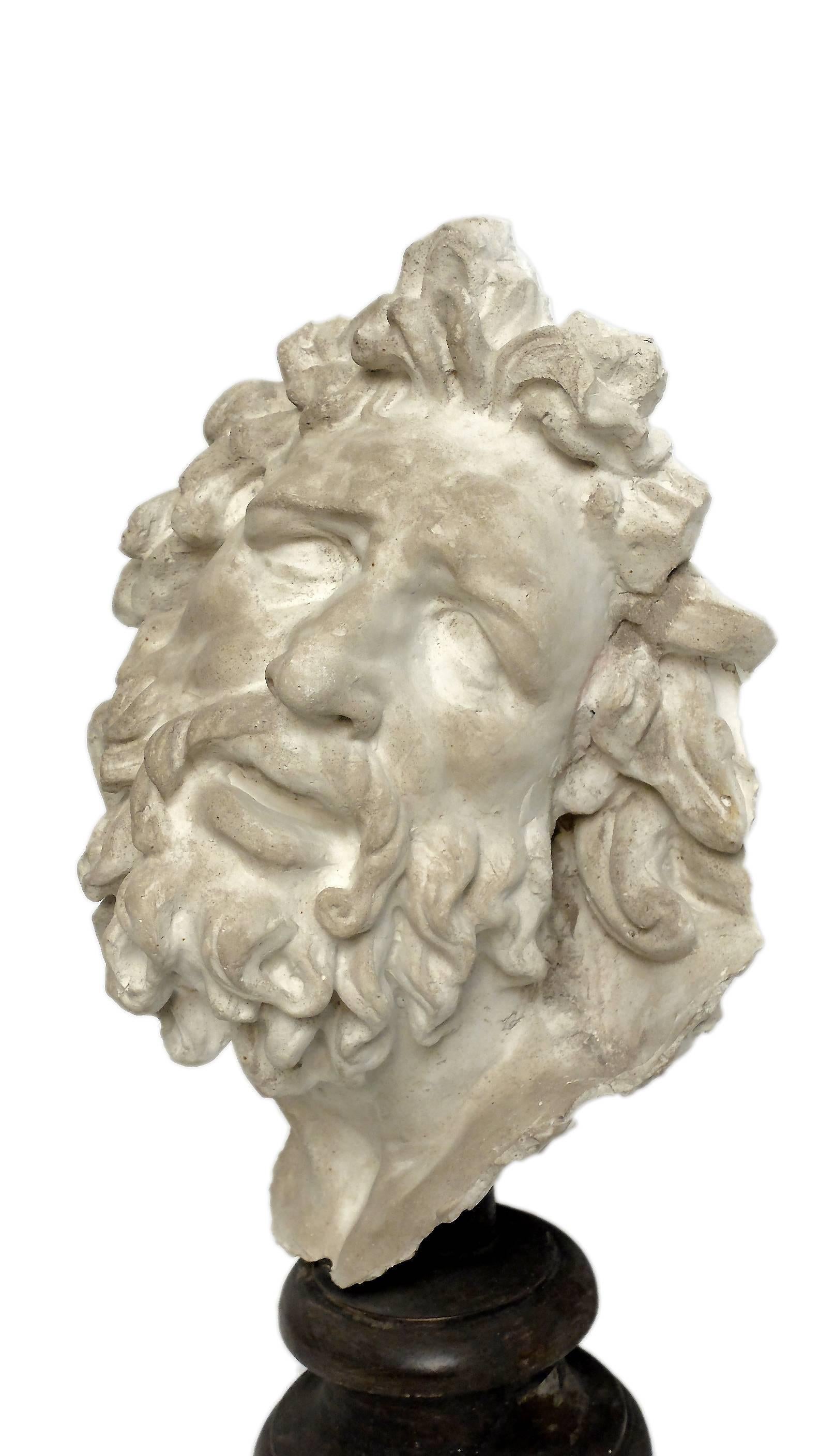 Over the wooden, black painted base is set the superb cast of Laocoonte’s sculpture group head. Cast for drawing teaching in academy, Italy, circa 1890.