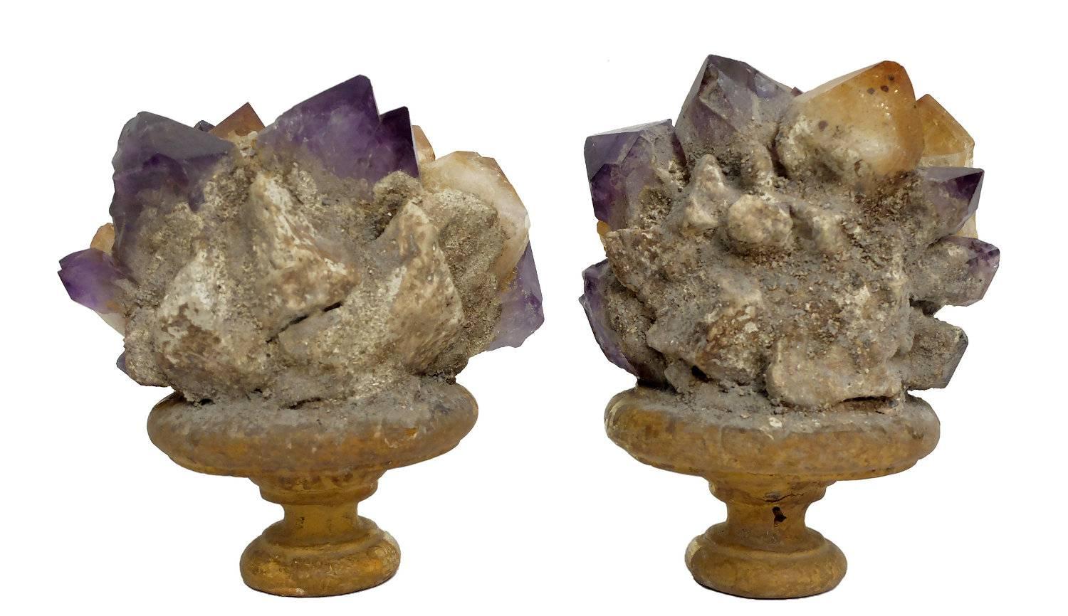 Italian Wunderkammer Naturalia Mineral Specimen, Pair of Citrine and Amethyst Druzes