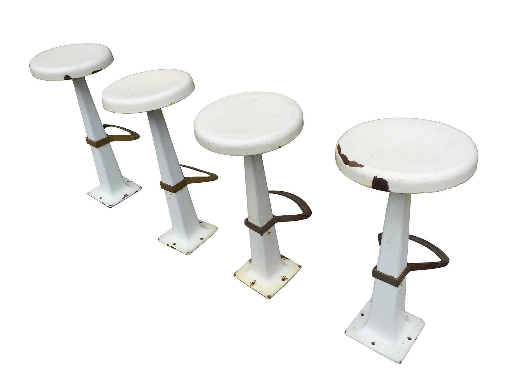 American Group of Four Beautiful White Enameled Metal Stools with Footrest, circa 1930