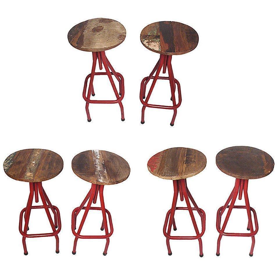 Industrial Stools with Red Painted Tubular Iron Legs and Wooden Seats