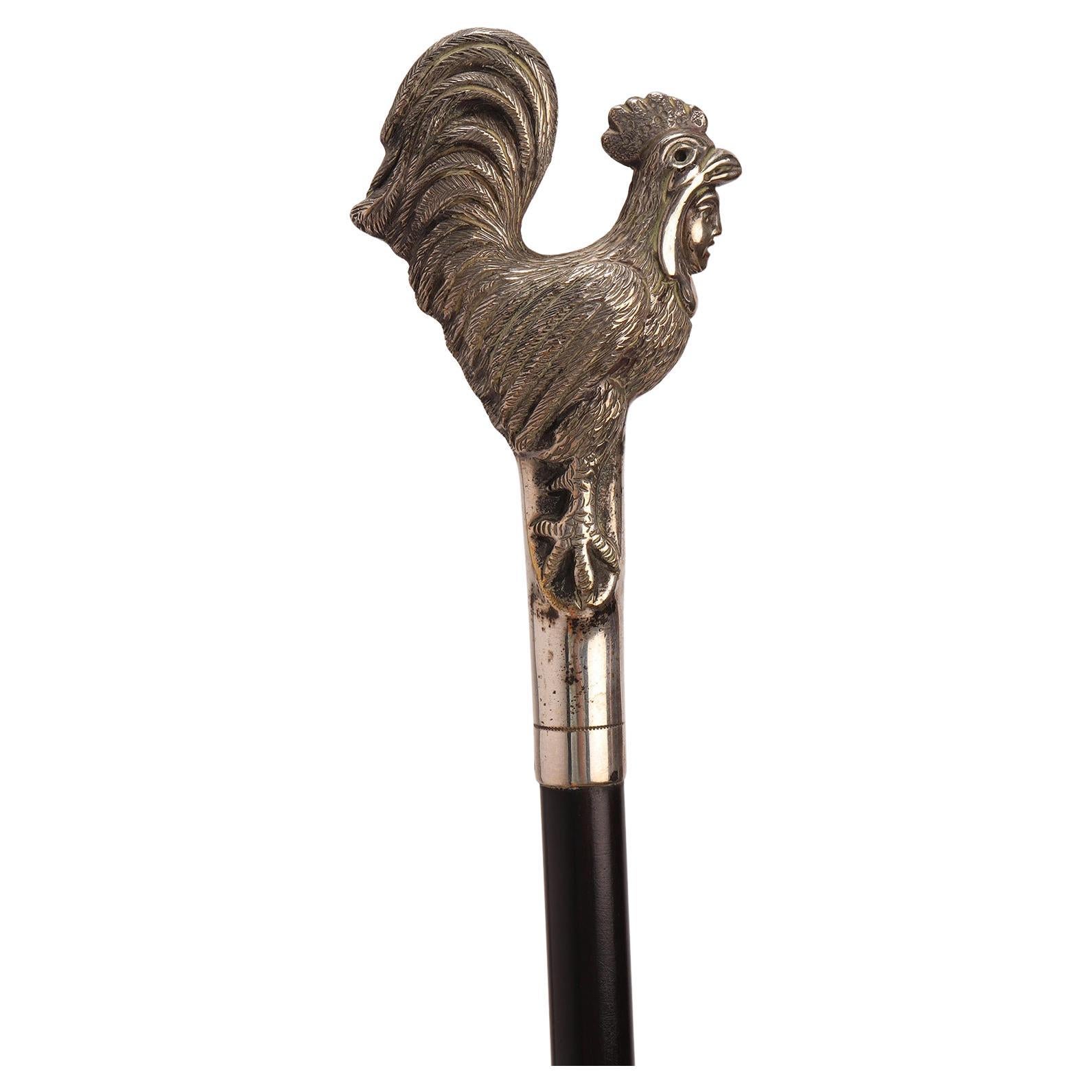 Silver walking stick with a rooster, France 1890.