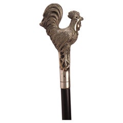 Antique Silver walking stick with a rooster, France 1890.