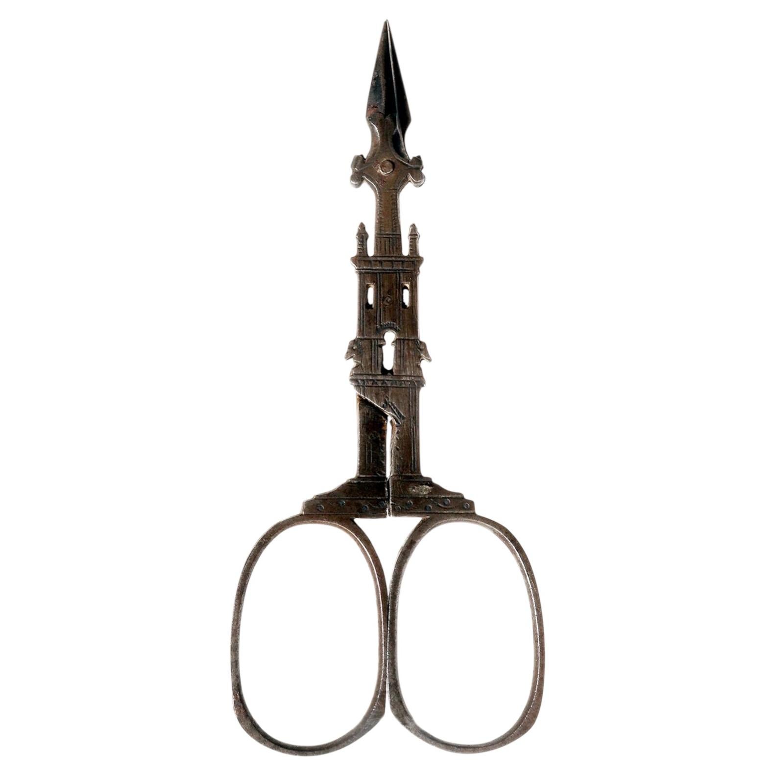 Embroidery Scissors, Iron, in the Shape of a Tower, Germany, 1840 For Sale