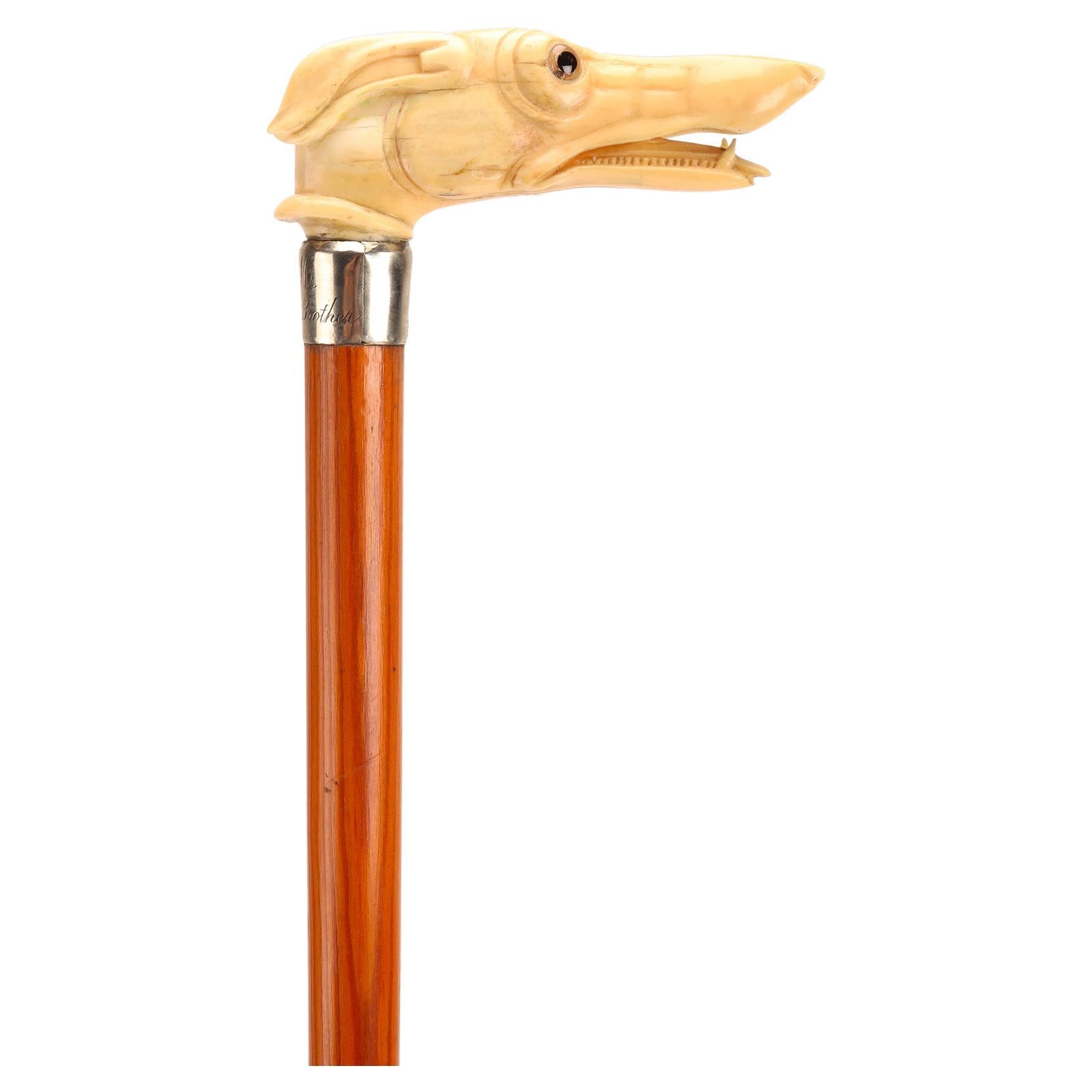 Walking stick ivory knob with greyhound head, United States 1890. 