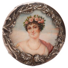 Antike silberne Schnupftabakdose mit Miniatur von A. Baron, Frankreich, um 1900