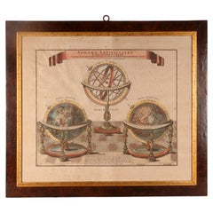 A watercolor engraving depicting an armillary sphere and globes, Germany 1740.