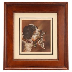 Pastel painting, depicting the head of a Cocker Spaniel with a duck England 1930