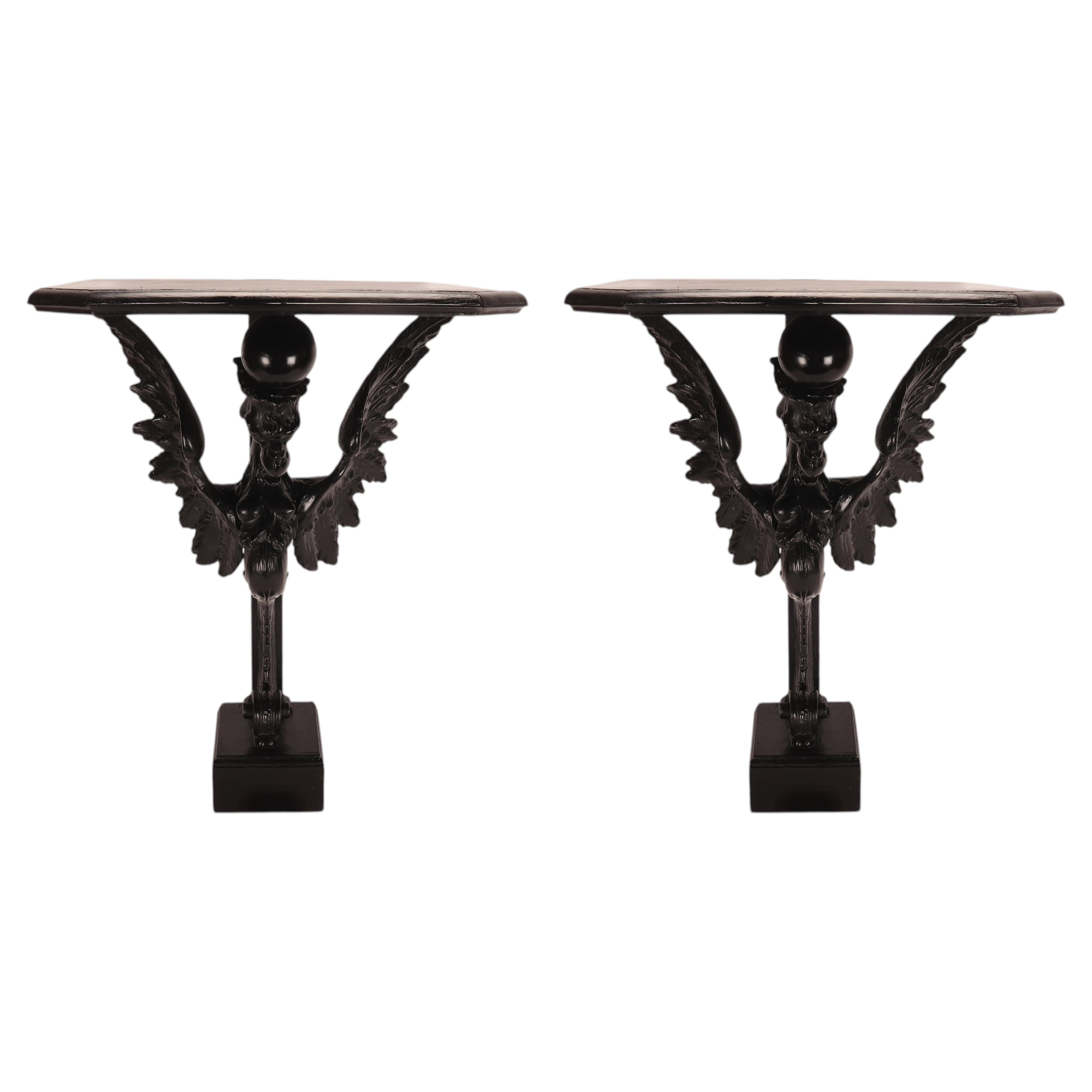 Pair of console tables with griffons in ebonized walnut wood, Italy 1860. For Sale