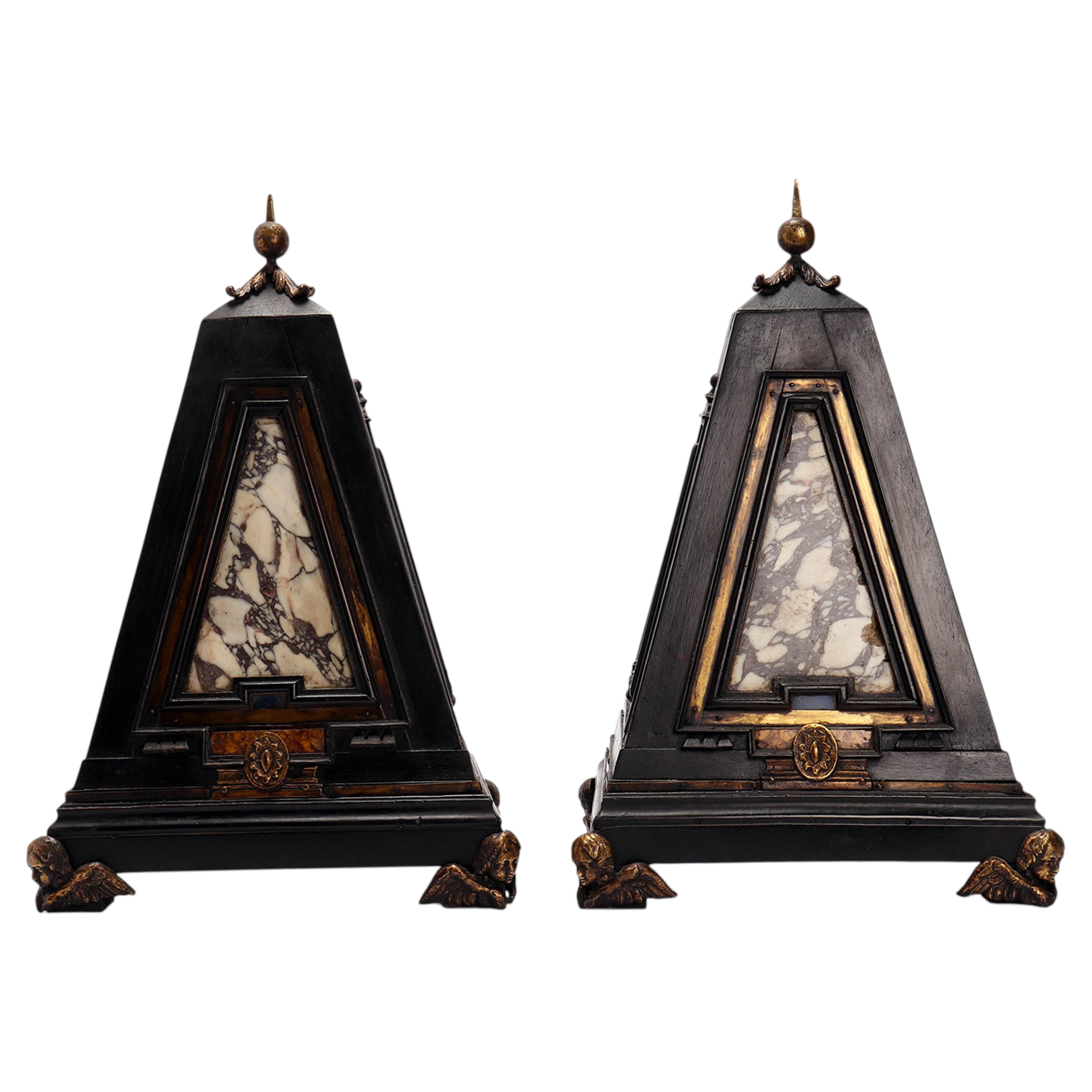 Pair of pyramids of Grand Tour made out of marbles and wood, Italy 1830. For Sale