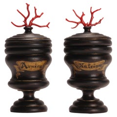 A set of 2 herbalist pharmacy wooden jars, Italy circa 1850.
