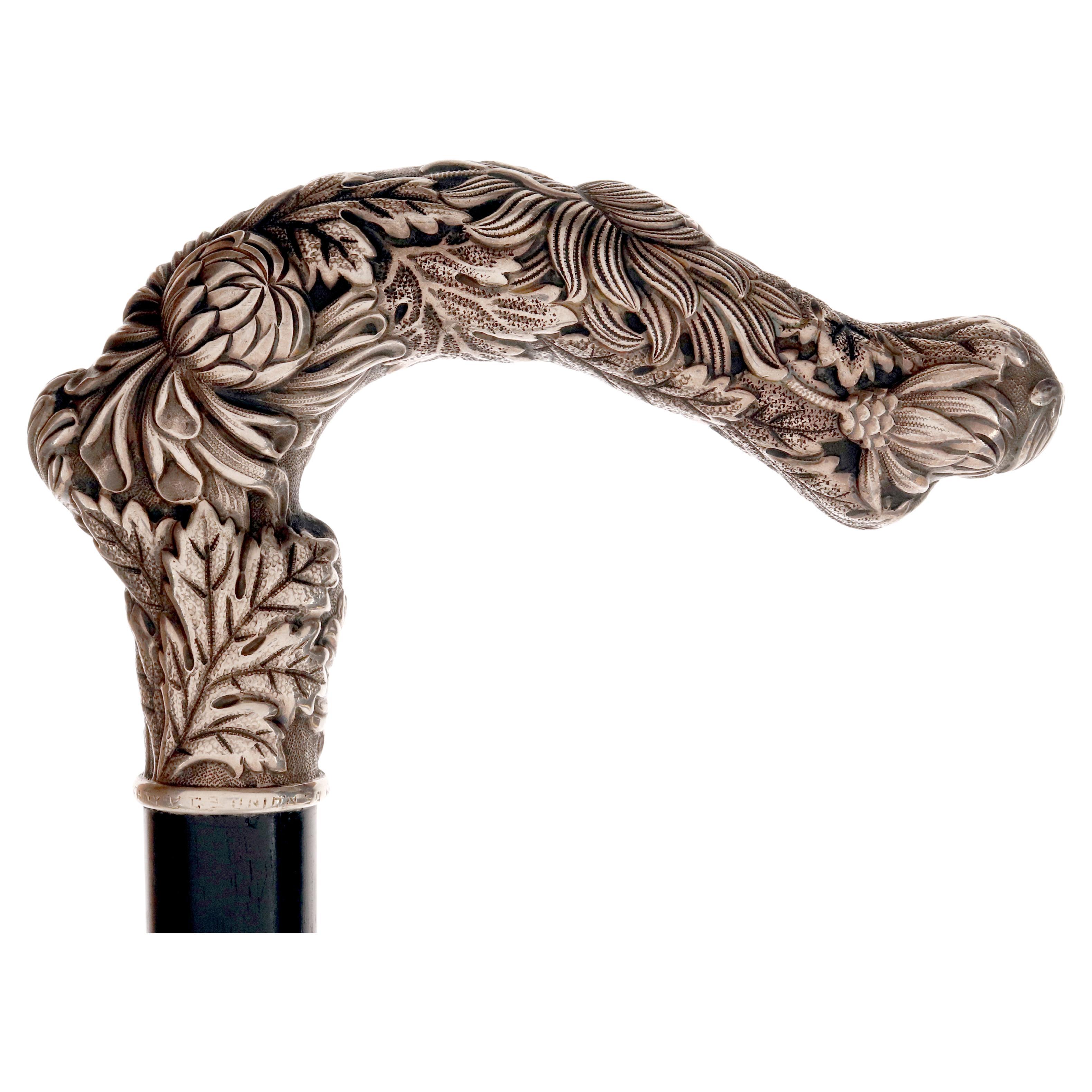 Bastone da passeggio in argento Jewell raffigurante crisantemi, Tiffany, USA 1890-1900