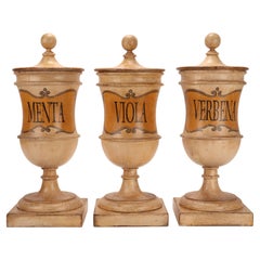A group of herbalist pharmacy wooden jars, Italy 1870.