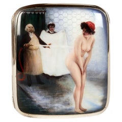 Enamelled silver cigarette box with erotic scene a naked woman. Germany 1900.