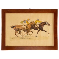 A watercolor finished print depicting running horses, USA 1900.