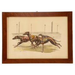 A watercolor finished print depicting greyhound dogs running, USA 1900.