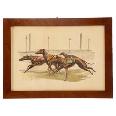 A watercolor finished print depicting greyhound dogs running, USA 1900.