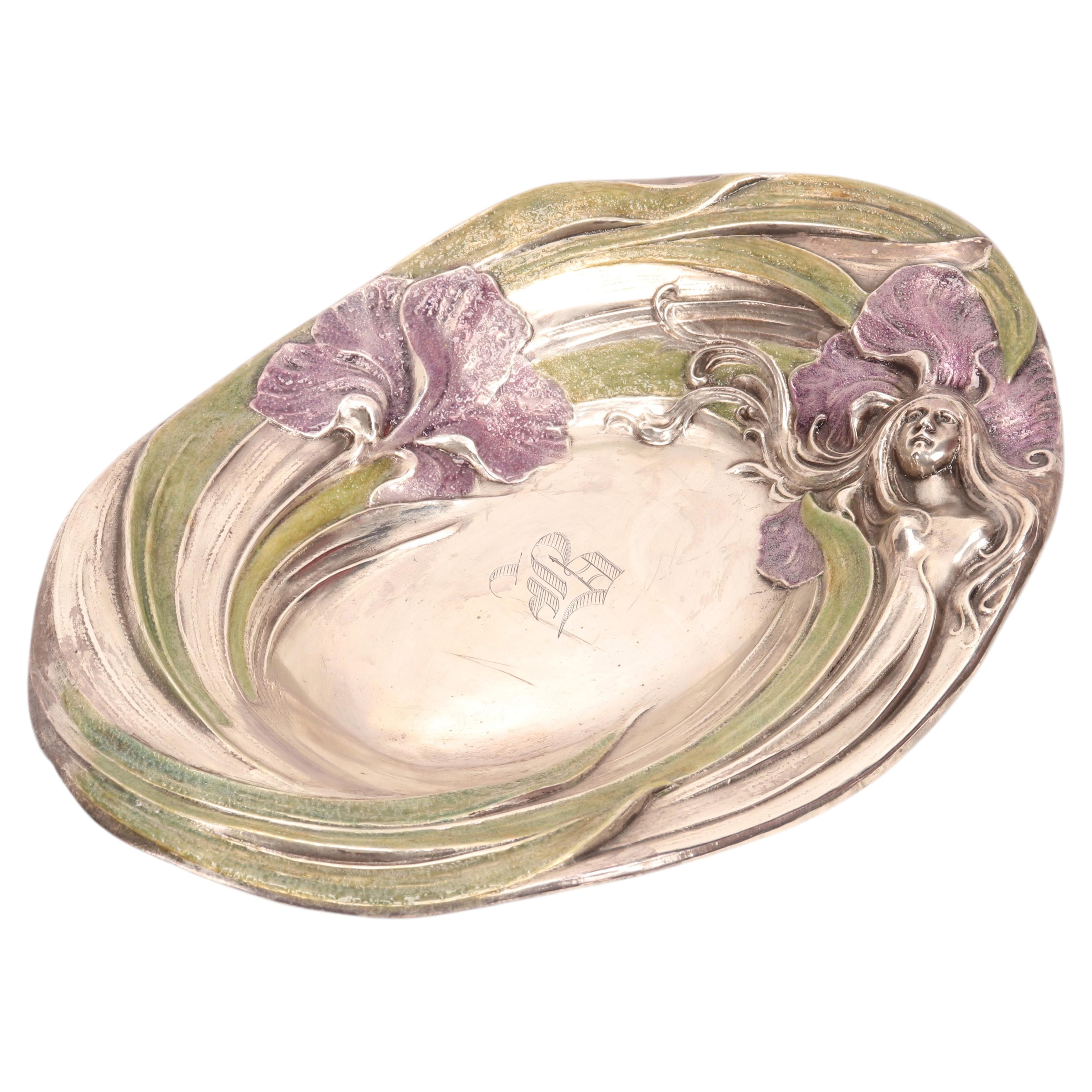 Art nouveau sterling silver enamel bowl, United States end of 19th century. For Sale