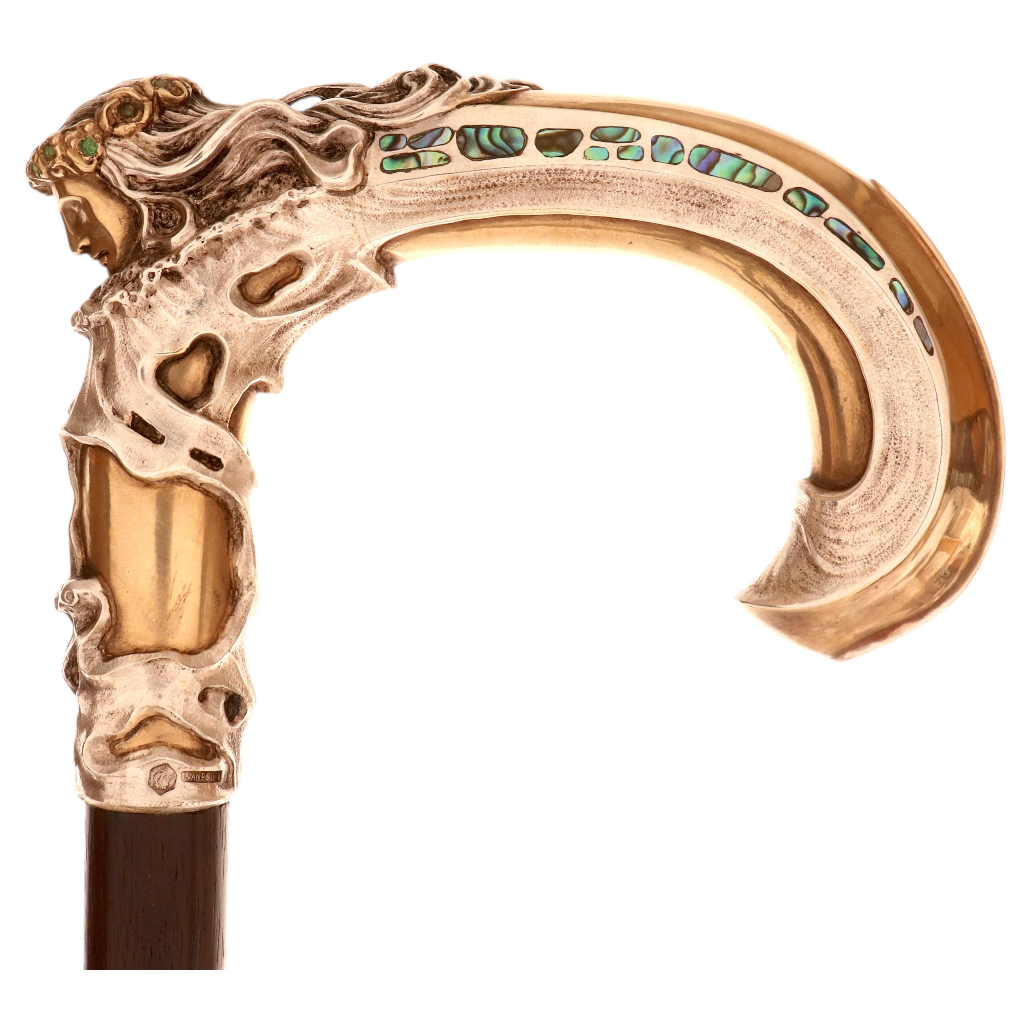 Jugendstil walking stick, silver depicting a cicada, by Janesich. Austria 1905.