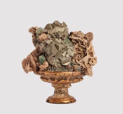Natural mineral specimen: pyrite, desert rose, fluorite crystals, Italy 1880.