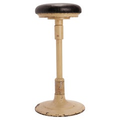 French enamelled cast-iron dentist's stool, rocking spring & leather seat 1900.