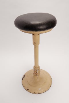 French enamelled cast-iron dentist's stool, rocking spring & leather seat 1900.