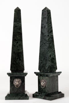 Pair of 19th C. Italian Grand Tour green Alps marble & silver mask obelisks.
