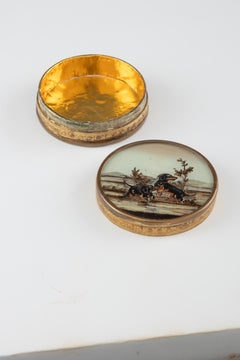 Antique sweets box with reverse-painted glass showing dachshunds. France, 1800.