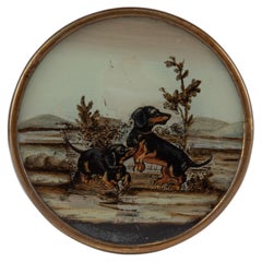 Antique sweets box with reverse-painted glass showing dachshunds. France, 1800.