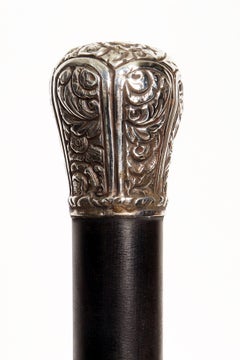 Walking stick with finely embossed silver knob with floral elements, Italy 1900.
