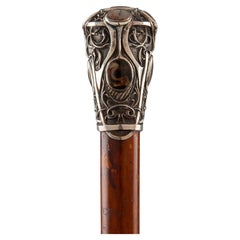 Art Nouveau cane: gilded silver knob with aquamarine & pearl flora, Russia 1900.