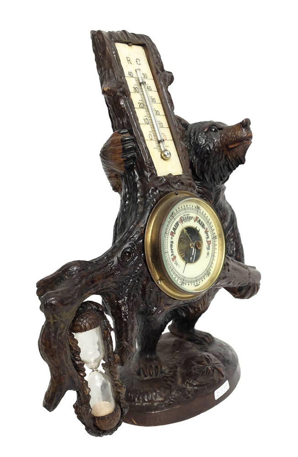 German Beautiful Black Forrest Bear, Thermometer, Barometer and Hourglass