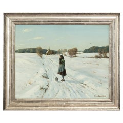 Hans Andersen Brendekilde Dipinto a olio "Ragazza di fronte a una cascina nella neve"