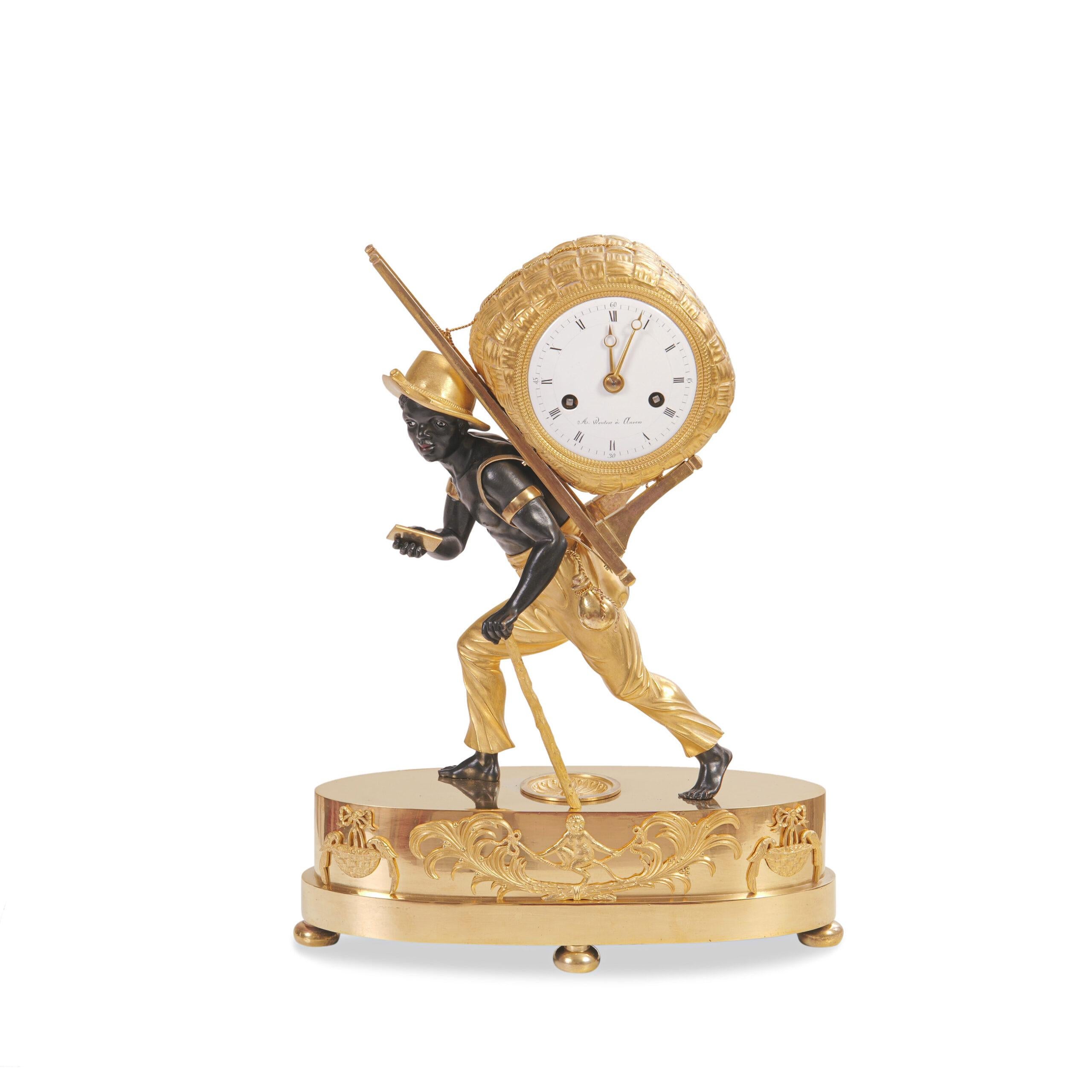 Paris, Empire, c. 1810, bronze body, fire-gilt and patinated, designed by Jean-André Reiche in 1808, 8-day movement, enamel dial with Roman numerals, figure of the wearer on an oval base, very nice condition

Dimensions: height 37 cm, width 28 cm,