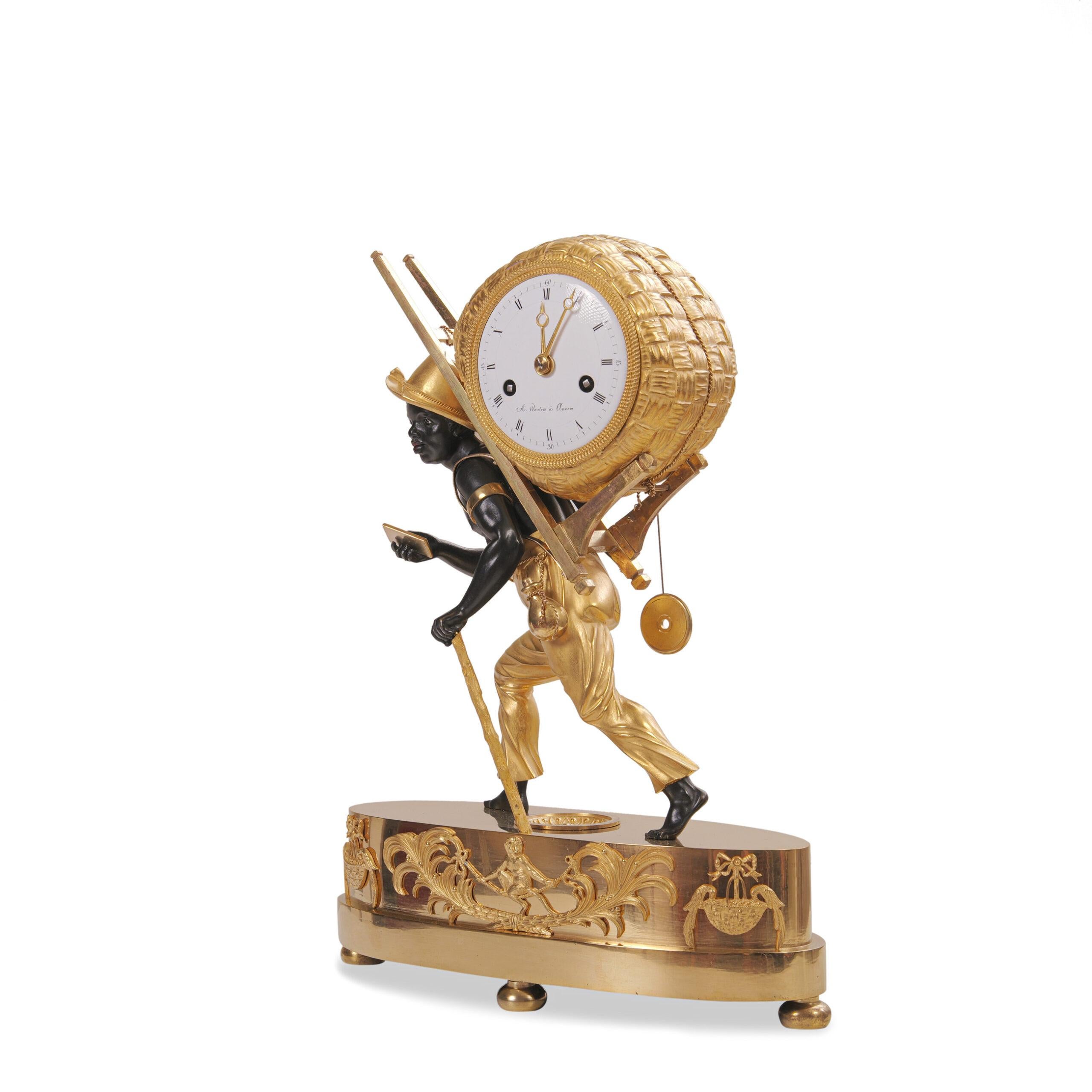 Bronze Early 19th Century French Empire Pendule Portefaix circa 1810 Paris For Sale