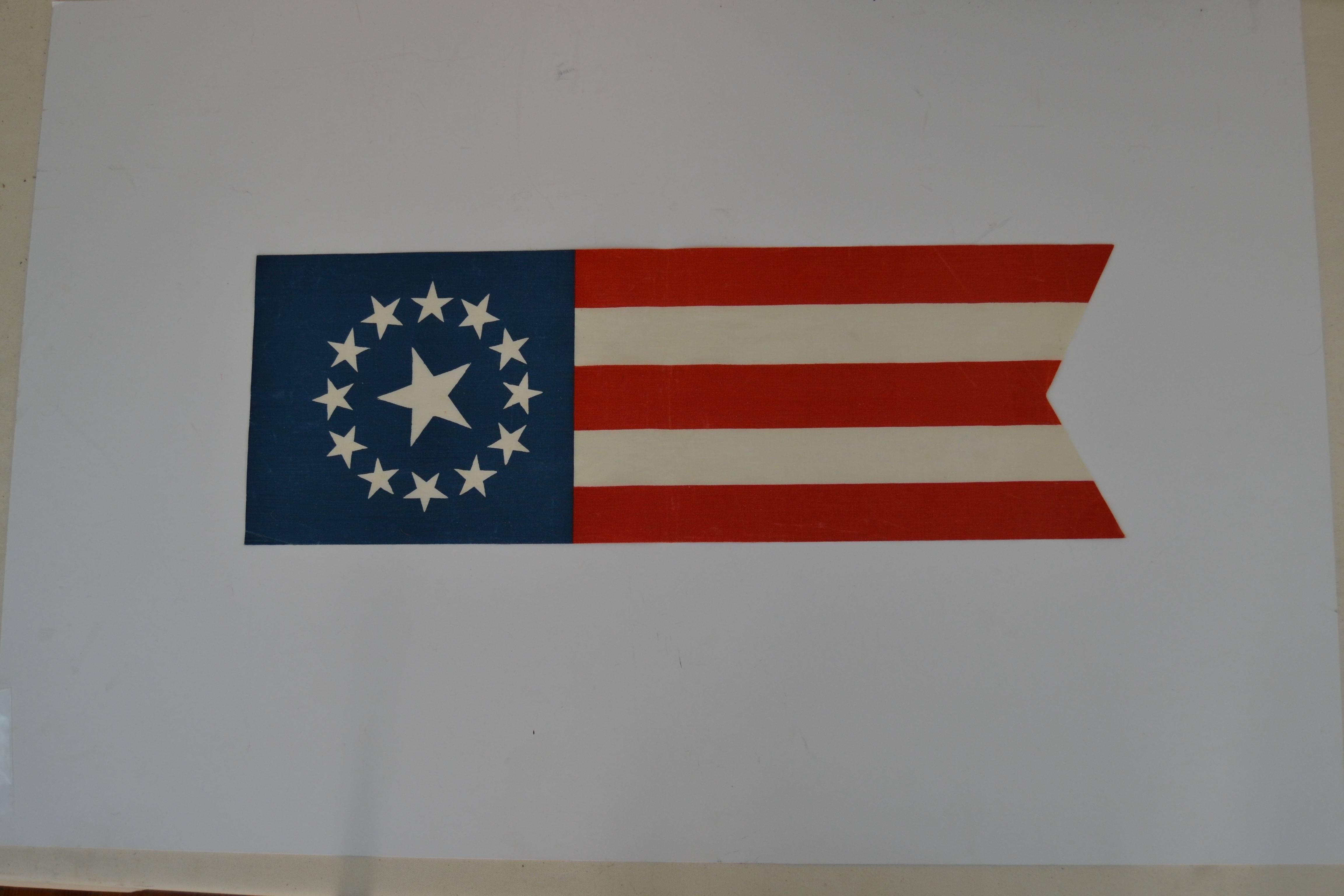 Printed patriotic banner on a glazed cotton fabric. swallow tailed with the star's in the Cowpens pattern, bright unused condition. Unframed.