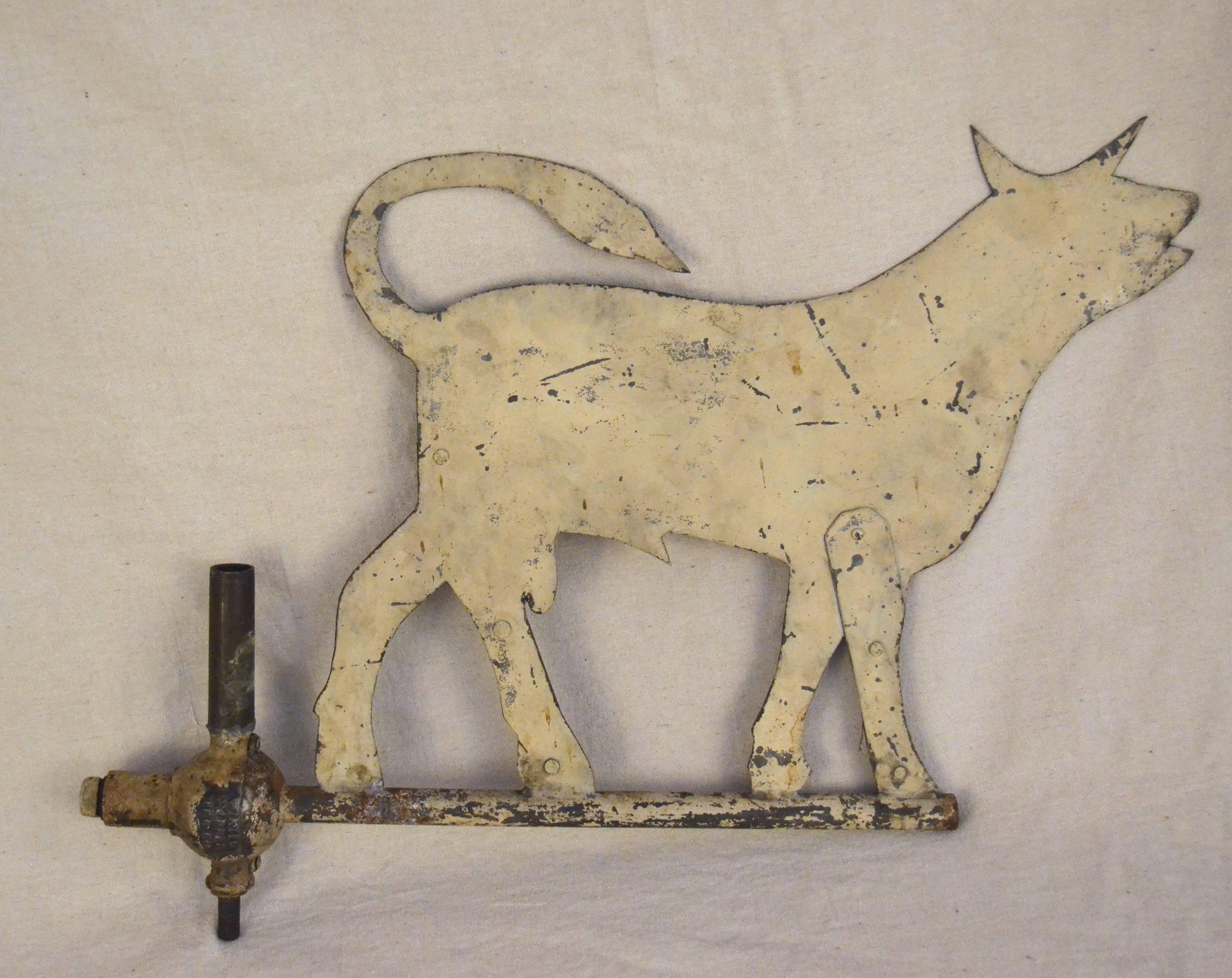 Painted sheet iron bull form weathervane painted white on one side and black with detailing on the other. An individual effort of great graphic form and interesting construction. Two of the bull's legs have double sheets of iron for added strength.