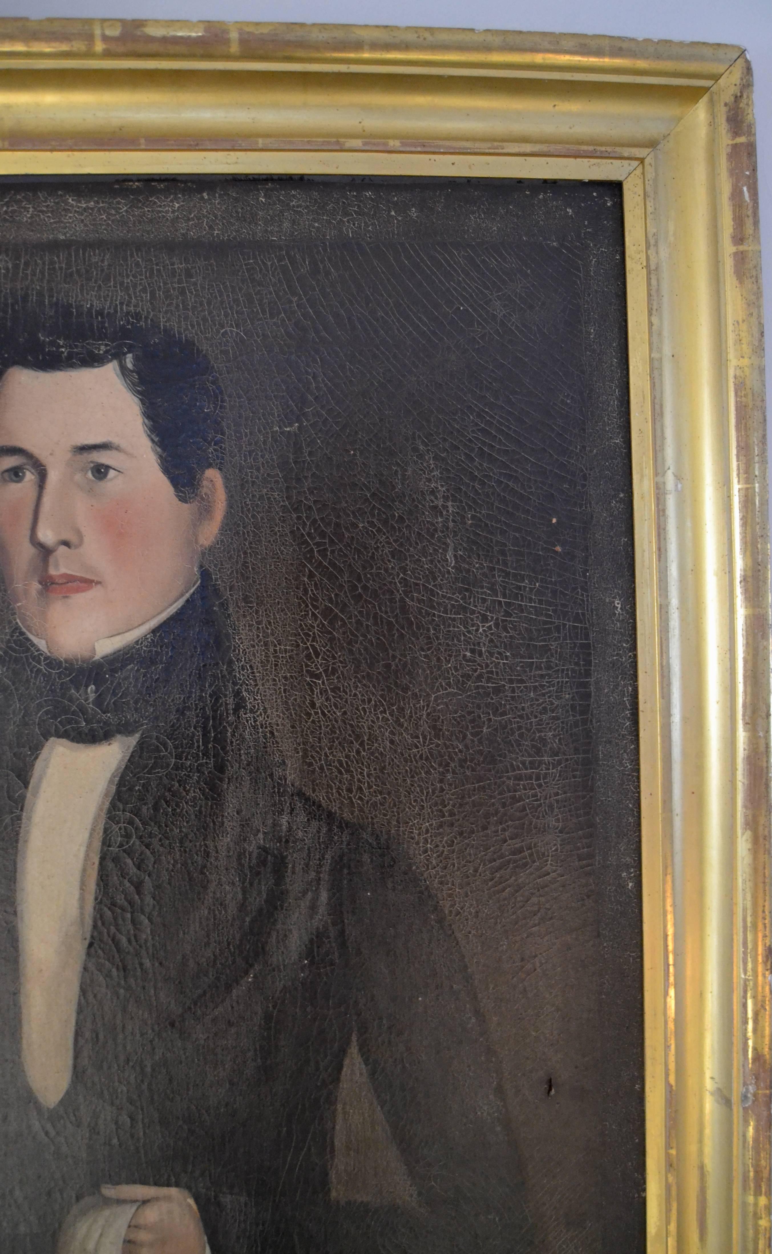 Painted Early 19th Century New England Folk Art Portrait of a Handsome Young Man For Sale