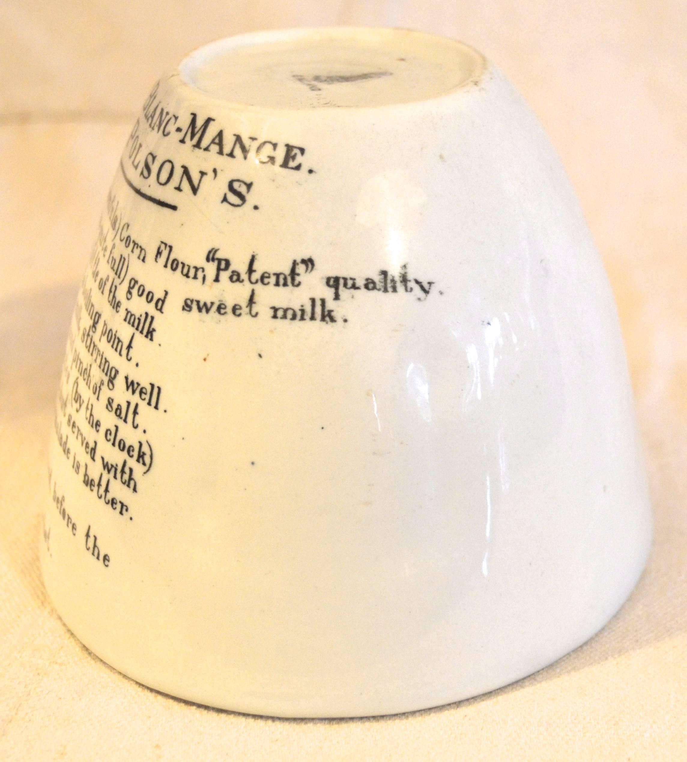 19th Century Ironstone Mold Printed with Pudding Recipe For Sale
