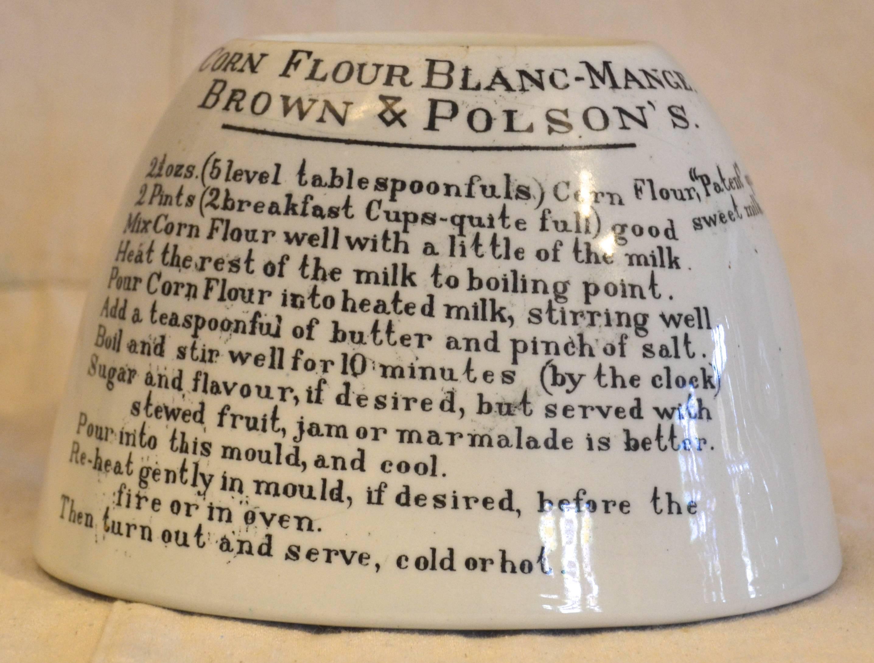 Great looking white ironstone kitchen mold with a transfer-printed recipe covering the outside of mold. Unusual example of Victorian advertising kitchenware.