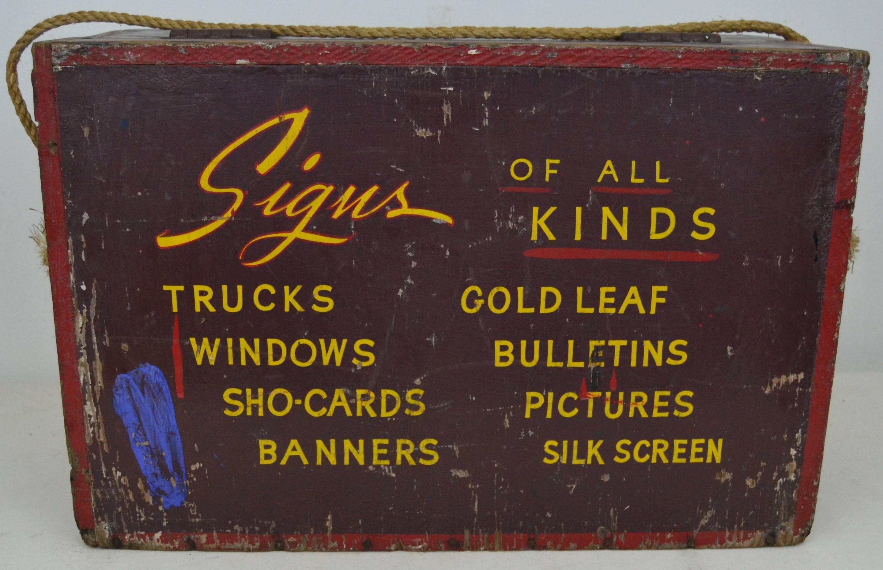 Hard to find Folk Art sign painter's box, bright yellow interior and rope handle.