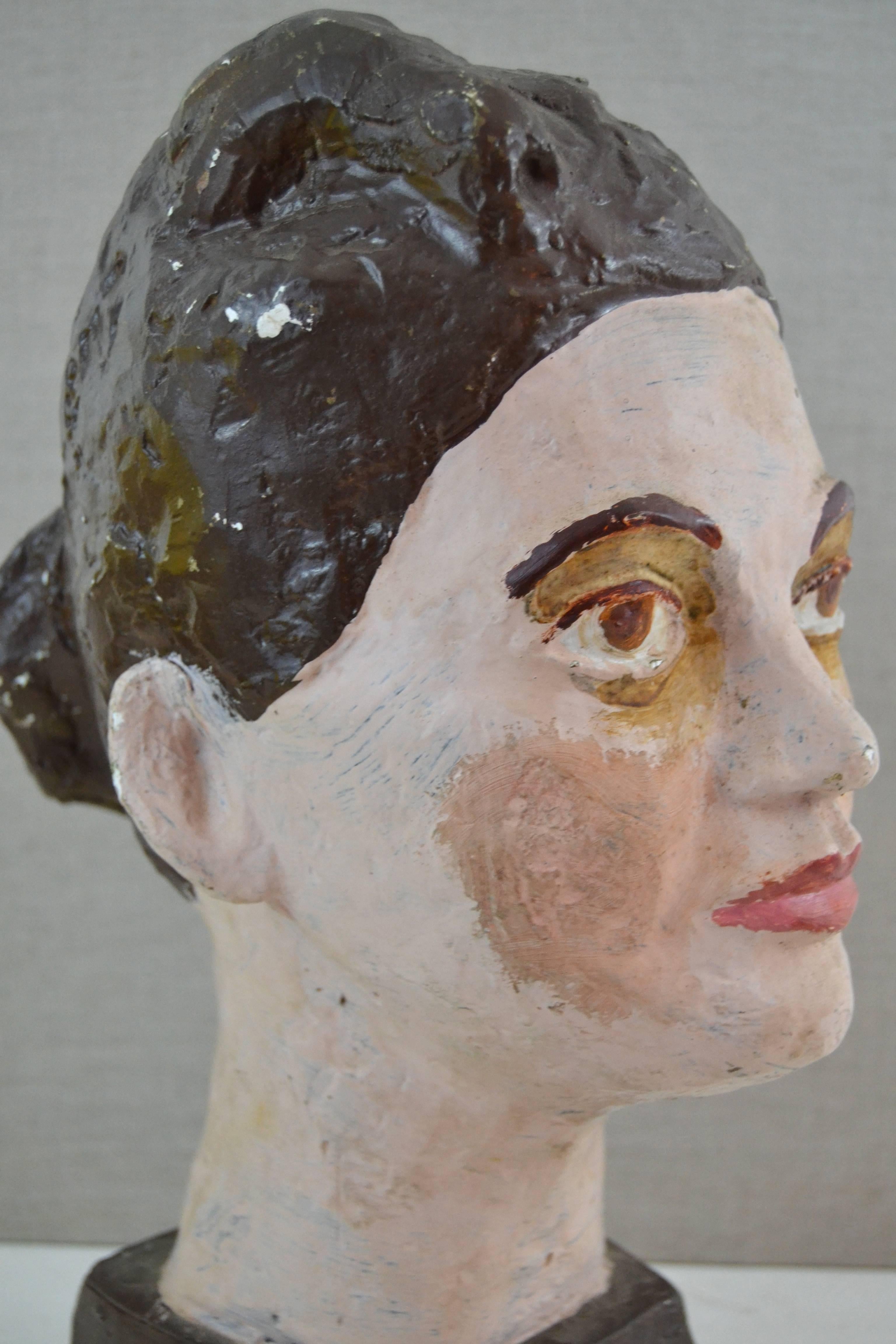 1920s Painted Plaster Sculptural Bust For Sale 4