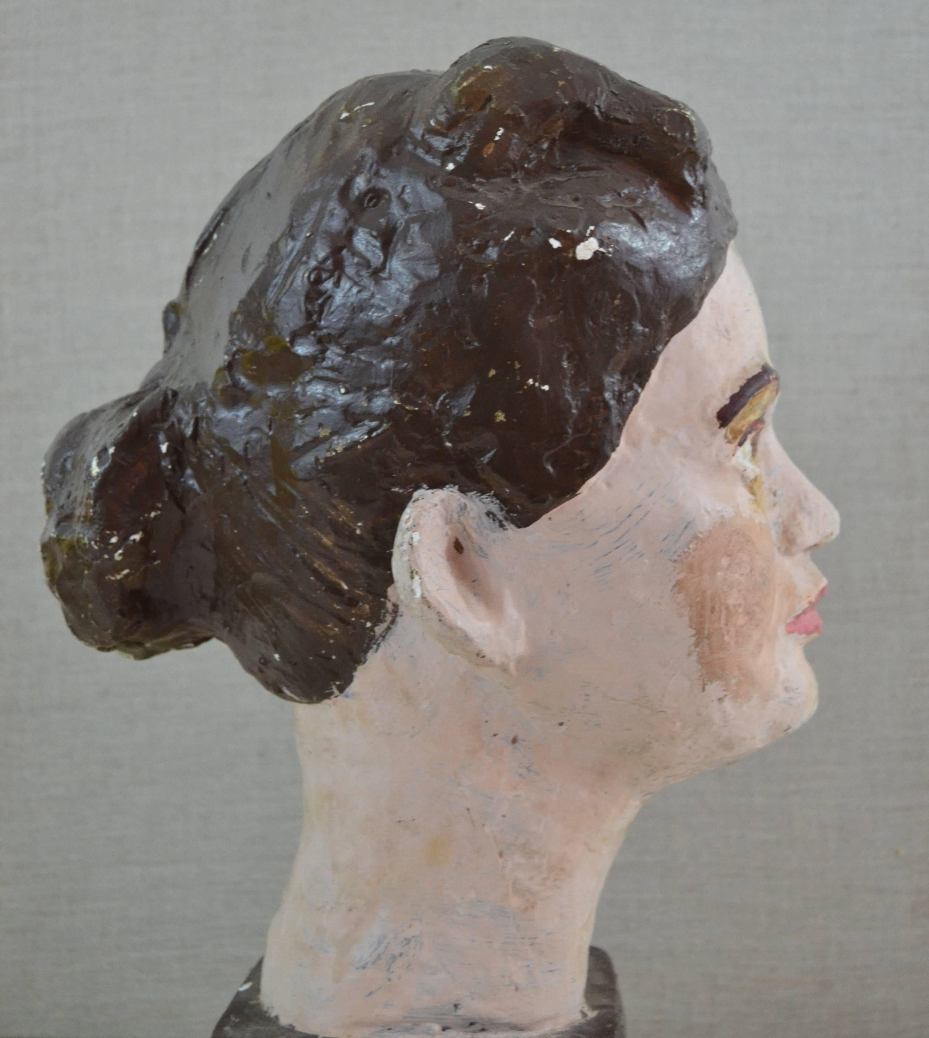 Early 20th Century 1920s Painted Plaster Sculptural Bust For Sale